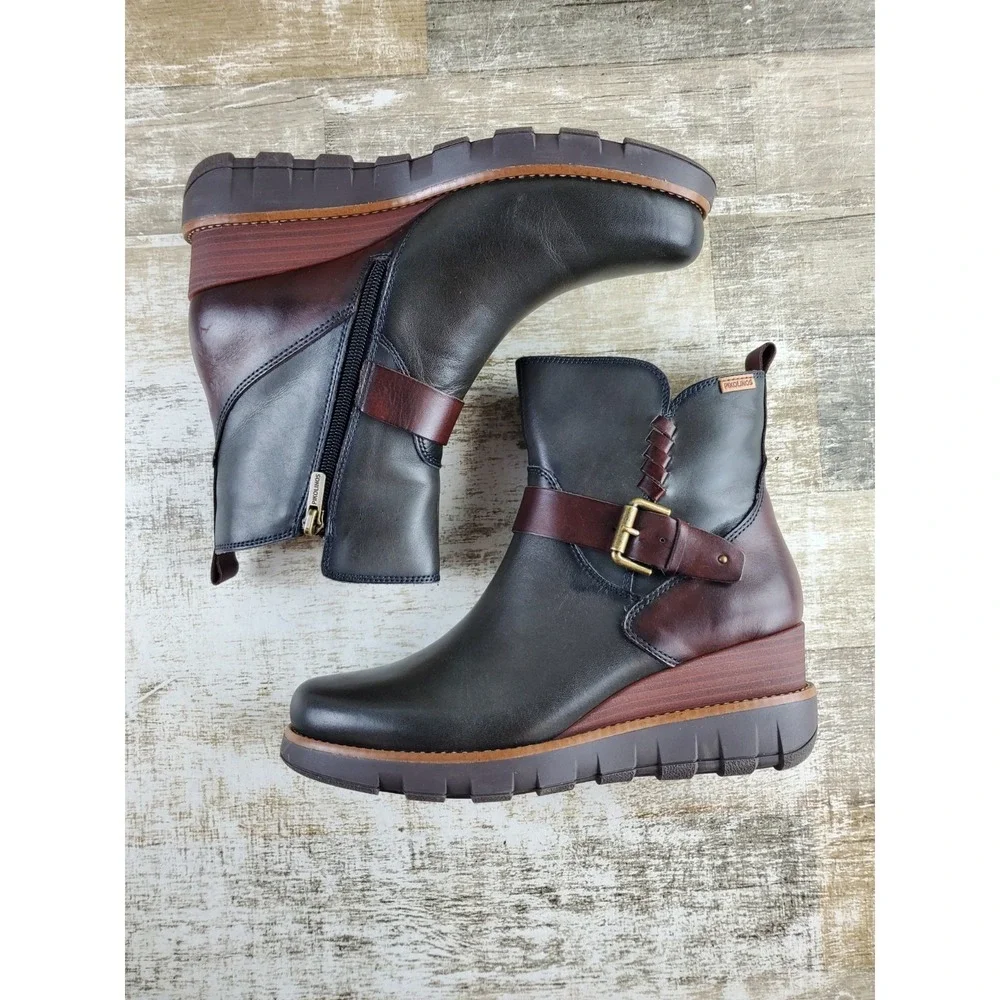 Pikolinos Sanlucar Womens Ankle Boots Sz 8.5 - 9 Lead Leather Buckle Side Zip